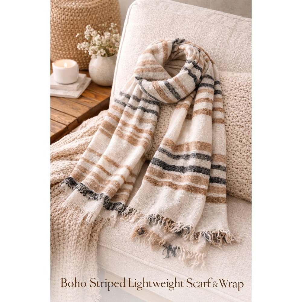 Boho Striped Lightweight‎ Scarf Shawl Fringe Neutral Wrap